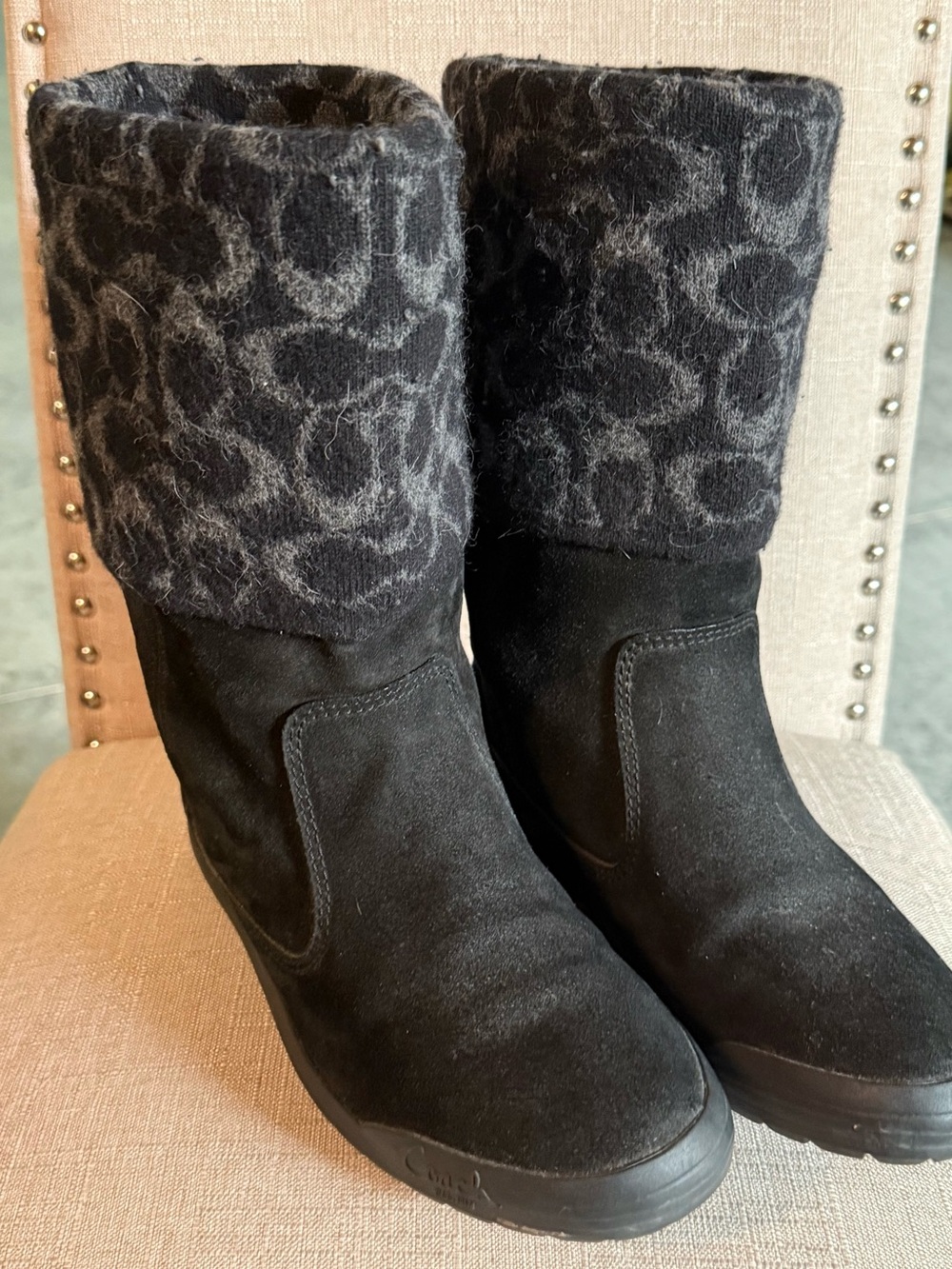 Coach Black Leather with Wool upper Mid-Calf Boots with Patterned Knit Cuff